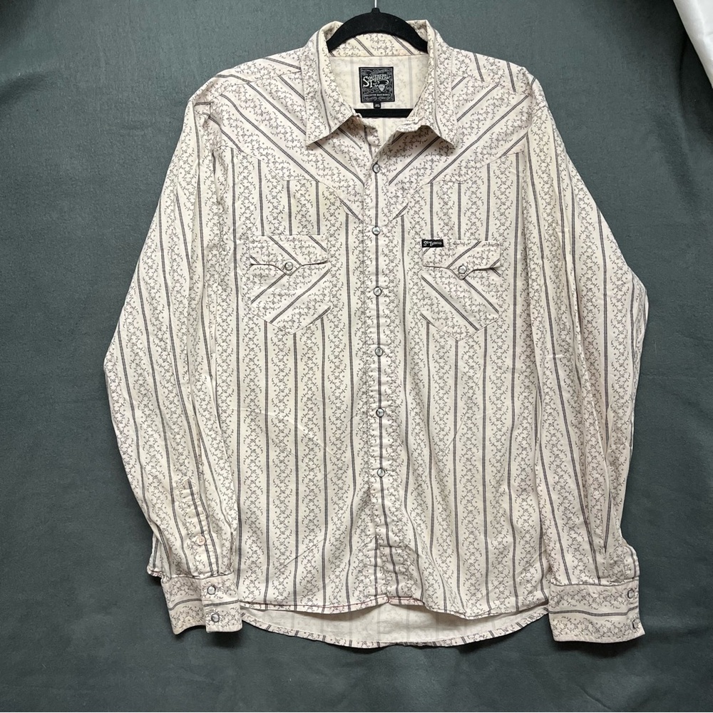 Southern Thread Men's Cream and Gray Patterned Pearl Button Western Shirt